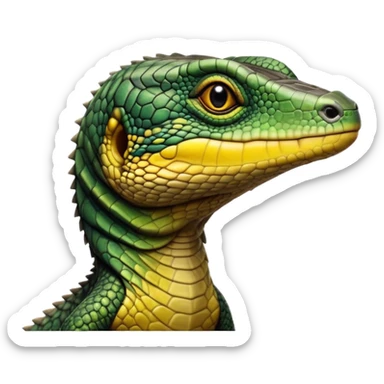 cinematic-realistic-cute-monitor-lizard-portrait-emoji,-head-tilted-playfully-and-inquisitively,-featuring-a-compact,-agile-body-with-finely-detailed,-glossy-scales-in-earthy-black and yellow-hues-and-a-distinct,-alert-face-with-bright,-curious-eyes, black , yellow spotted and green band  scales and a big long neck sticker