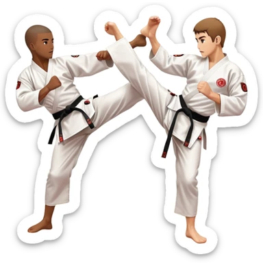 Two karate fighters in traditional gi sparring. One executes a high kick aimed at the opponent’s head, while the other blocks with a strong hand defense. The background features a classic dojo with wooden flooring and banners. Dynamic motion and focused expressions. Transparent background. sticker