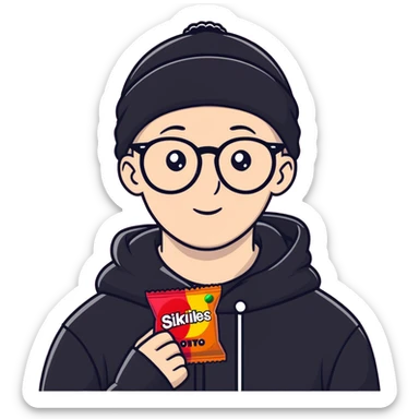 bald white guy with glasses, wearing a black beanie, black hoodie, eating skittles, rainbkw sticker