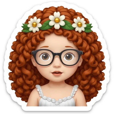 baby with big flower tiara dark ginger long curly hair and glassess sticker