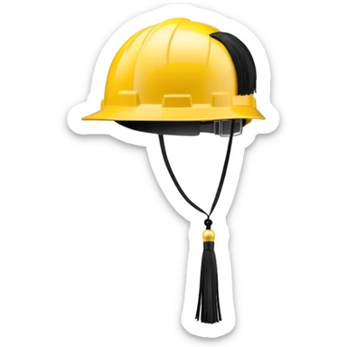 A bright yellow hard hat with a small black tassel hanging from one side, combining the traditional graduation cap with an engineer's safety helmet. The helmet has realistic ridges and a sturdy design, symbolizing construction, engineering, and technical expertise. The tassel is slightly swaying, adding a graduation touch. The background is plain white. sticker