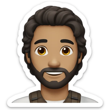 long straight brown-black hair, white skin men, with brown eyes, and a little bit of beard sticker