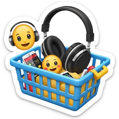 shopping basket containing a smartwatch, headphones, and USB drive emoji sticker