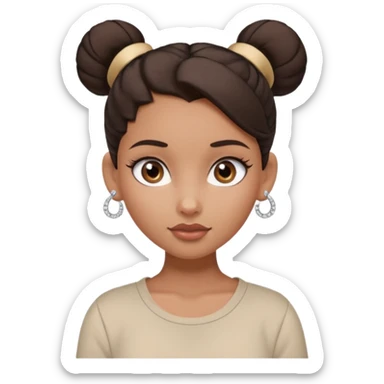 generate a pretty bratz girl with dark brown eyes. Dark brown hair tied in a single bun, tight beige shirt with top shirt open. diamond studs in ears. airpods in ear sticker