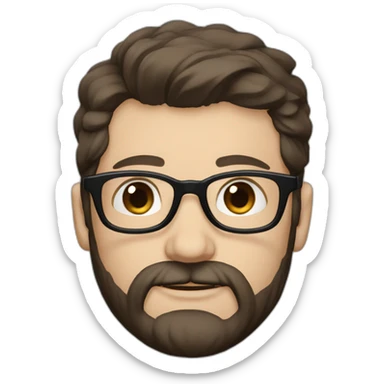 White man with blue eyes and dark brown hair, styled sideways backwards. He has a beard and mustache trimmed and wears a black t-shirt and vintage glasses. sticker