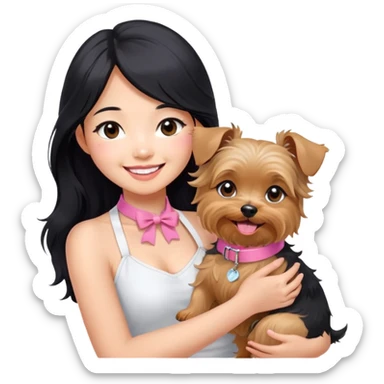 Pretty Asian girl with long, luscious wavy black hair, no hair tie, wearing a cute sleeveless white halter top, smiling warmly while carrying a Yorkshire Terrier with a pink collar in her arms sticker