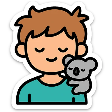 light brown messy haired boy with a very small sleepy koala on his shoulder, color outline icon sticker