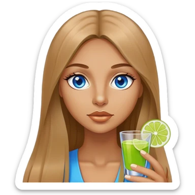 tan woman, long light brown straight hair, blue eyes, holding a shot with lime sticker