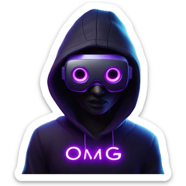 Ilon Mask wearing a black hoodie with "OMG" letters on it and VR headset oculus quest 2 in a cyberpunk VR environment with violet neon lighting. sticker