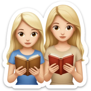 two beautiful girls in beige tops reading a beautiful vintage book. one brunette, the other blonde. both with long hair with and beige T-shirt  sticker