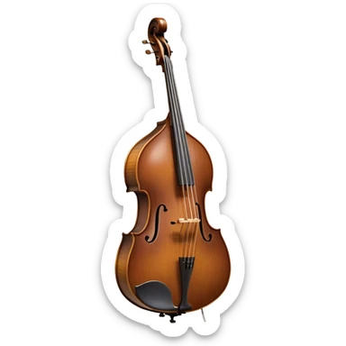 Create an elegant and detailed emoji representing a double bass with a bow. The design should feature the large, curved wooden body of the double bass with rich, dark wood tones and a smooth, polished finish. Include the long neck and scroll at the top of the instrument, with metal tuning pegs clearly visible. The bow should be shown beside or lightly touching the strings, emphasizing the role of the bow in producing sound. Add subtle musical notes or sound waves around the instrument to evoke its deep, resonant sound. Use warm tones like brown, gold, and ebony for the wood, with metallic accents for the strings and fittings. The background should be transparent. sticker