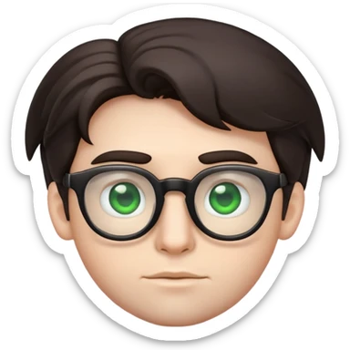 young male emoji with wide face, fuller lips, very poofy voluminous dark straight hair (not curly), big ears, pale skin, glasses, green eyes set wider apart, very light stubble sticker