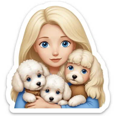 Blonde blue-eyed long-haired mother hugs two dogs, a Bichon Frise and a Teddy sticker