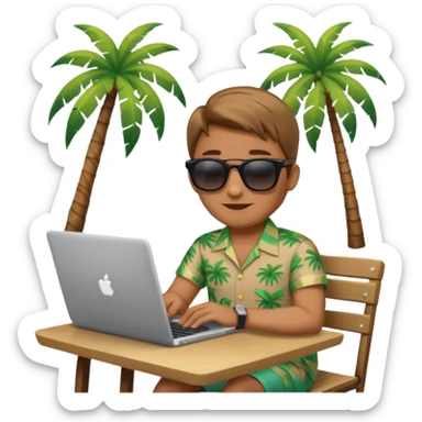A gender-neutral emoji-style character (🧑‍💻) sitting at a small table with a laptop on the beach, palm tree and sea behind sticker