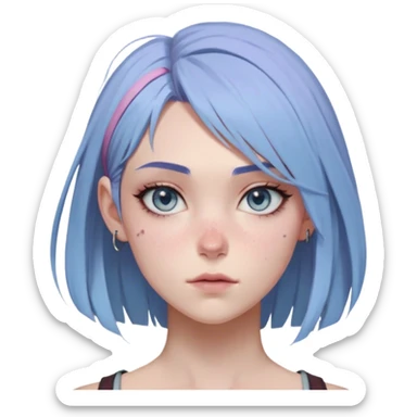 Vi from Arcane (Netflix Animation)

Face Shape: Strong, angular with high cheekbones and a defined jawline. Slightly pointed chin.
Skin Tone: Fair with a pinkish undertone.
Eyes: Large, almond-shaped, slightly downward-tilted, grey/light-blue.
Eyebrows: Thick, sharp, slightly arched, adding to her bold expression.
Nose: Small to medium with a slightly upturned tip.
Lips: Full but not overly plump, often pursed or smirking.
Hair: left side shaved, right side with long, voluminous bangs partially covering her eye. The back is short and messy.
Other Features: Light freckles, a scar on her right eyebrow.
Expression: Intense and confident, often smirking or glaring.
Accessories: Small silver hoop earring in her left ear.
Tattoo: Roman numeral "VI" on her left cheekbone, below her eye. sticker
