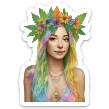 420 Tie dye hippie person flower crown tattoos hemp leaves metallic iridescent holographic sticker