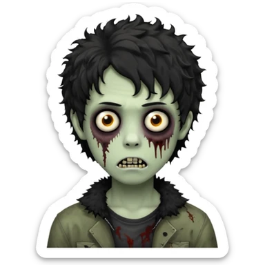 Boy, zombie, black and curly hair, medium long, emo, shaggy, dark, spooky, creepy expression sticker