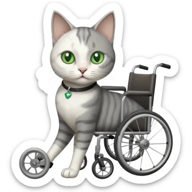 full body small short hair dark grey and white cat with green eyes walking in a wheelchair for cats sticker