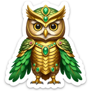 owl warrior wearing golden armor embedded with emerald jewels

 sticker