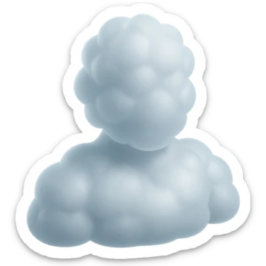 person made entirely of white fluffy convex clouds, shoulder up, front view, matte glass style sticker
