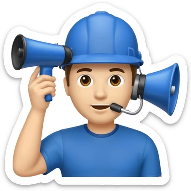 Um homem com capacete azul segurando um megafone sticker