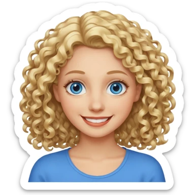 Woman with blonde curly shoulder-length hair, big blue eyes, wide smile sticker