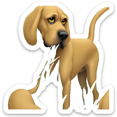 blue and yellow bloodhound sniffing the grass in the woods.  sticker