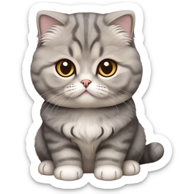 Cinematic-Fluffy-Grey-Scottish-Fold-Cat-Portrait-Emoji – Head tilted cutely with big, sparkling amber eyes, soft solid-grey fur with a velvety sheen, signature folded ears giving an irresistibly endearing look, simplified yet charmingly adorable features, highly detailed, glowing with a soft and warm charm. sticker