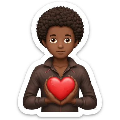 I want a black boy with chocolate skin and a small messy afro holding a heart close to his chest as if to present it to someone he loves. sticker