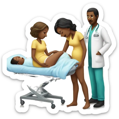 a woman gives birth and doctors stand nearby sticker