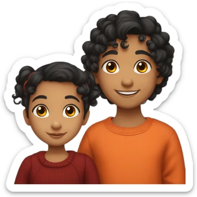 smiling 3 years old indian girl with black curly hair in pigtails wearing a orange dress and smiling 3 years old indian boy with black hair wearing a dark red sweater sticker