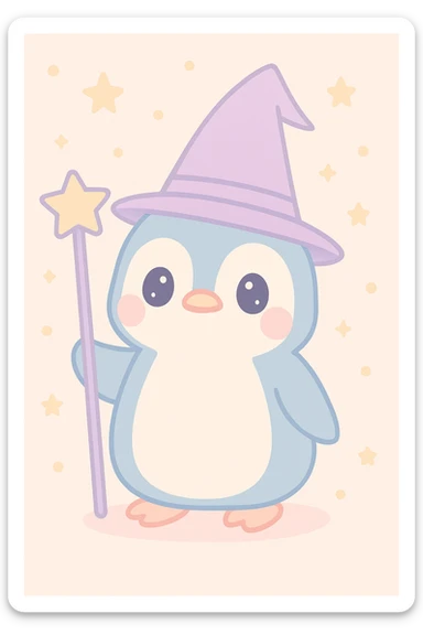 a penguin dressed as a wizard, with a pointed hat and a magic staff, charming colorful style sticker