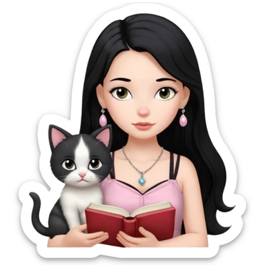 Menina branca ,cabelos pretos longos, olhos pretos puxados para cima. Cílios longos, lábios grossos ,nariz pequeno ,vestido rosa claro de alça. Colar e brinco bem pequeno. Lendo um livro com gatinho preto e branco. sticker