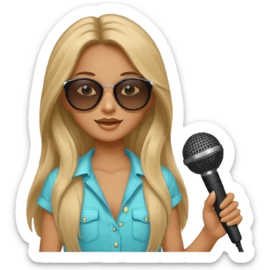 long haired woman with summer clothes and sun glasses holding microphone sticker