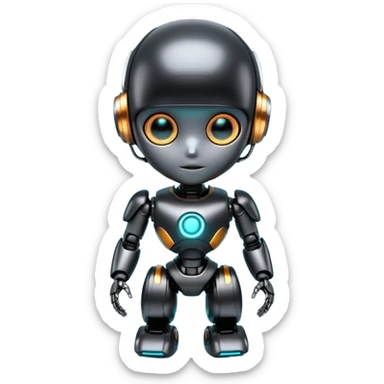 Cute futuristic chibi humanoid robot with large rounded head, glossy black and grey metal body, glowing cyan and amber eyes, visible joints, confident pose, white background, high-detail 3D render, add text on chest "LMX". sticker