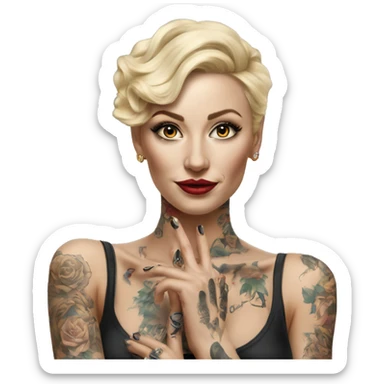 Blonde elegant women, her Body Covered with Tattoos, POINTING ON YOU with her HAND , Hyper realistic sticker
