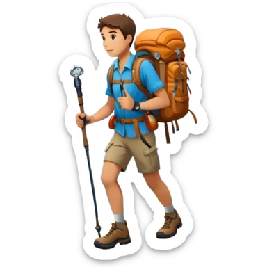 Icon for Mountain Tourism: a scenic mountain range with a hiker carrying a backpack, trekking poles, and a compass. The icon should evoke the adventure and beauty of exploring the mountains. Transparent background. sticker