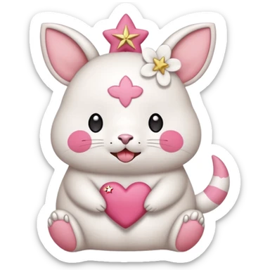 GENERATE ME A MOMONGA WHITE ANIMAL  FROM CHIIKAWA AND PUT A SAKURA FLOWER ON HIS HEAD AND A STAR PELT ON HIS BELLY AND A HEART PURSE ON HIS ARM WITH HIS FACE MAKE HIS TOUNGE STICK OUT WITH A LITTLEPINCH OFDROOL AND MAKE HIM ANIME STYLED ART sticker