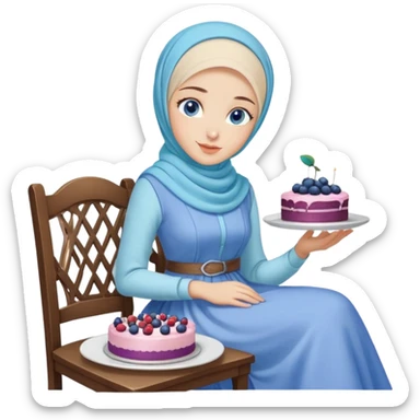 Turkish beautiful finish Konya girl blue eyes with pastel hijab long tail dress and sits on the chair and holds blueberry cake with her hand  sticker