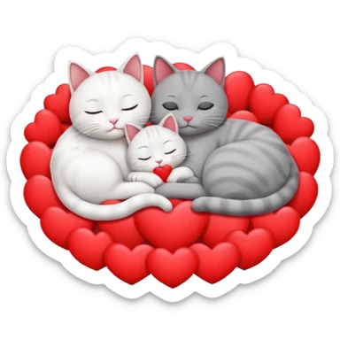 White cat and gray cat sleeping together in a bed full of hearts sticker