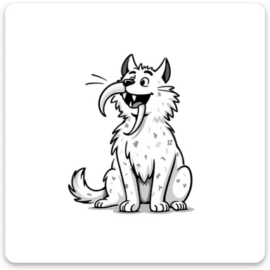 sketch of a saber-toothed cat with ludicrously long canine teeth that extend far below its body, extreme sword-like tusks sticker