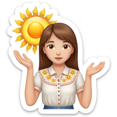 A young Ukrainian girl with brown hair wearing a white embroidered shirt holds the sun in her hands sticker