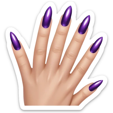 Close-up beauty shot of a feminine hand with long almond-shaped nails painted in deep metallic purple chrome polish, fine shimmer particles catching the light, glossy gel finish sticker