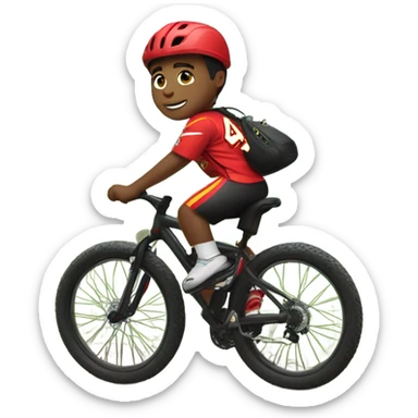 Light skinned boy in Kansas city chiefs fan clothes riding black mountain bike sticker