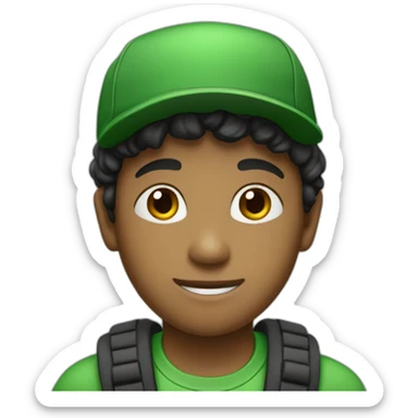 A boy wearing a green dress with written in it His hair is black and he's wearing a green cap White skin sticker