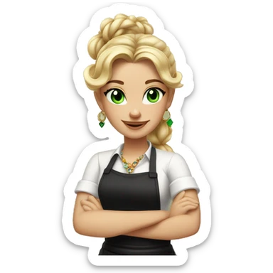 Waitress with white shirt and black apron, curly blonde hair in a pony tail, green eyes, lots of boho jewelry and bracelets  sticker