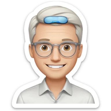 30 yr old pale white man, white/grey side swept stylish hair, round glasses, big smile, white teeth, handsome, longer hair, thin glasses, white dress shirt, smooth forehead, botox, no tie, open collar sticker