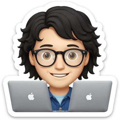 guy with wavy black hair and skin tone a little bit white and glasses, with a macbook sticker