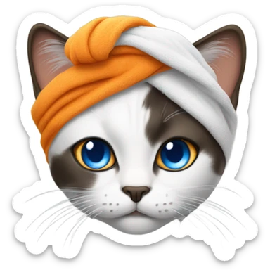 a cat face with a towel on her head like a turban and with blue eyes, and her fur is white, black, brown and a little bit of orange sticker
