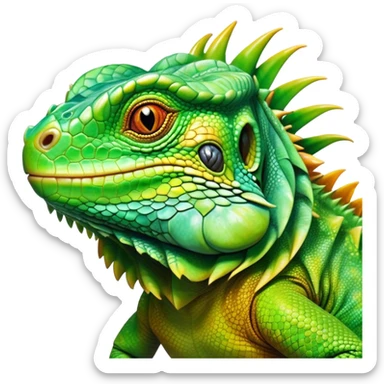 Cinematic Realistic Cute Iguana Portrait Emoji, Head tilted playfully and inquisitively, featuring a compact, agile build with a glossy, intricately scaled body in vivid green hues and a characteristically expressive face with bright, curious amber eyes, rendered in lifelike detail with natural highlights, high shine, affectionate and lively, styled with a touch of tropical whimsy, soft glowing outline, capturing the essence of a mischievous yet lovable iguana that seems poised to scurry out of the screen into your arms! sticker